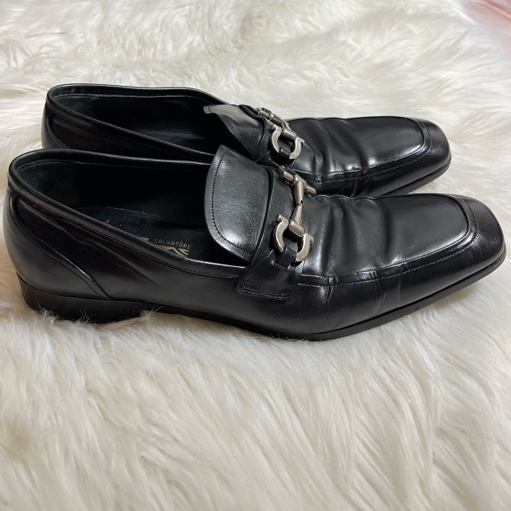 Salvatore Ferragamo Silver Gancini Bit Black Leather Loafer Men's Size 1…